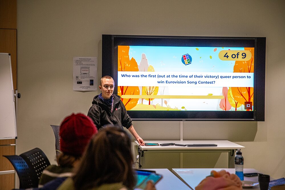 Mimi leads a Kahoot game in a classroom with students in the LGBTQIA+ affinity group